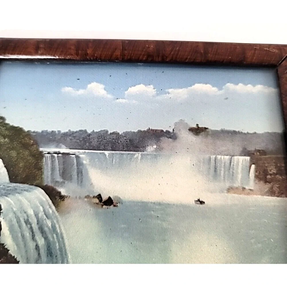 Niagara Falls Lithograph Print & Wooden Picture Frame Easel Stand Back 4.5